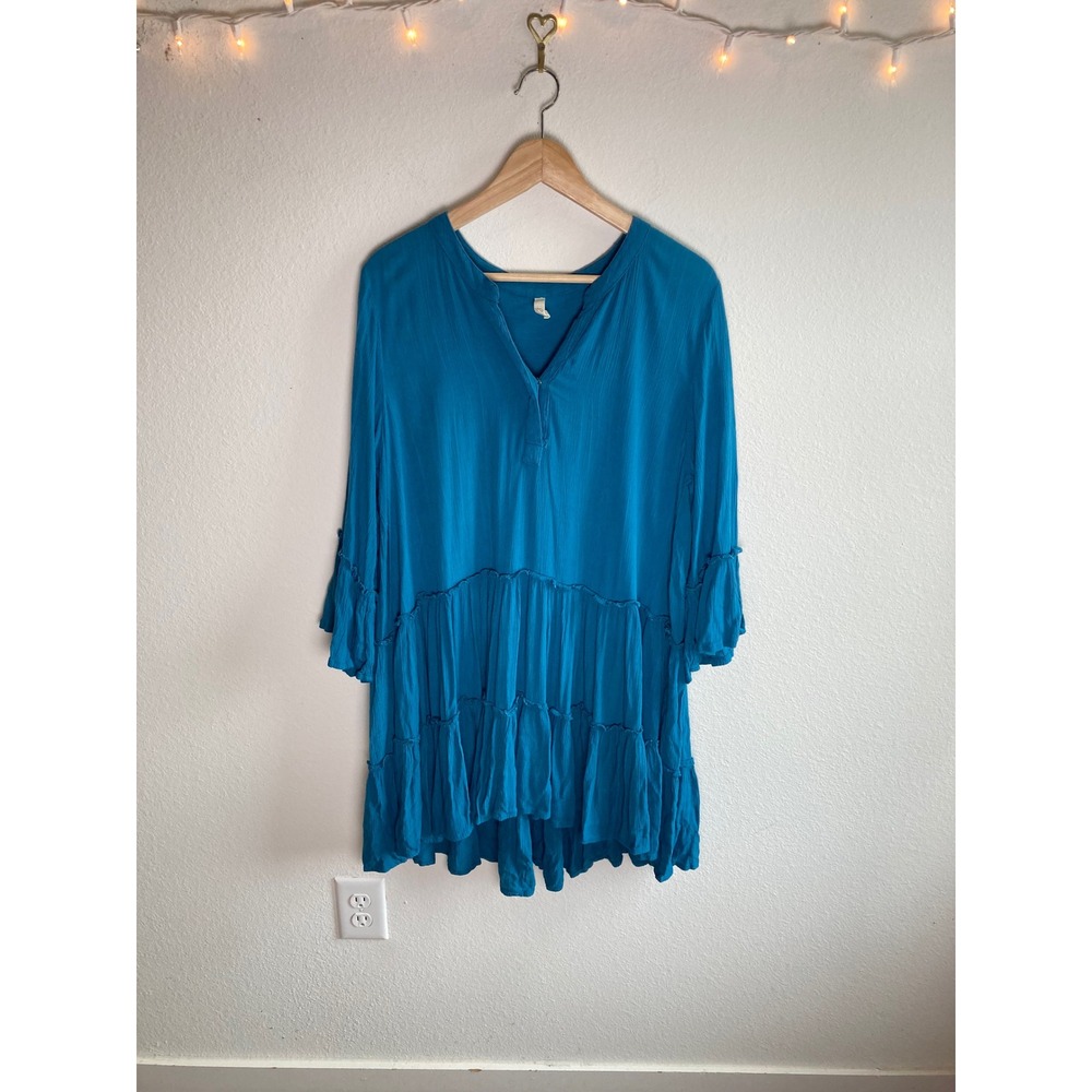 Elan Dress Womens Medium Teal Blue Tiered Crinkle Coast Boho Peasant Bell Sleeve